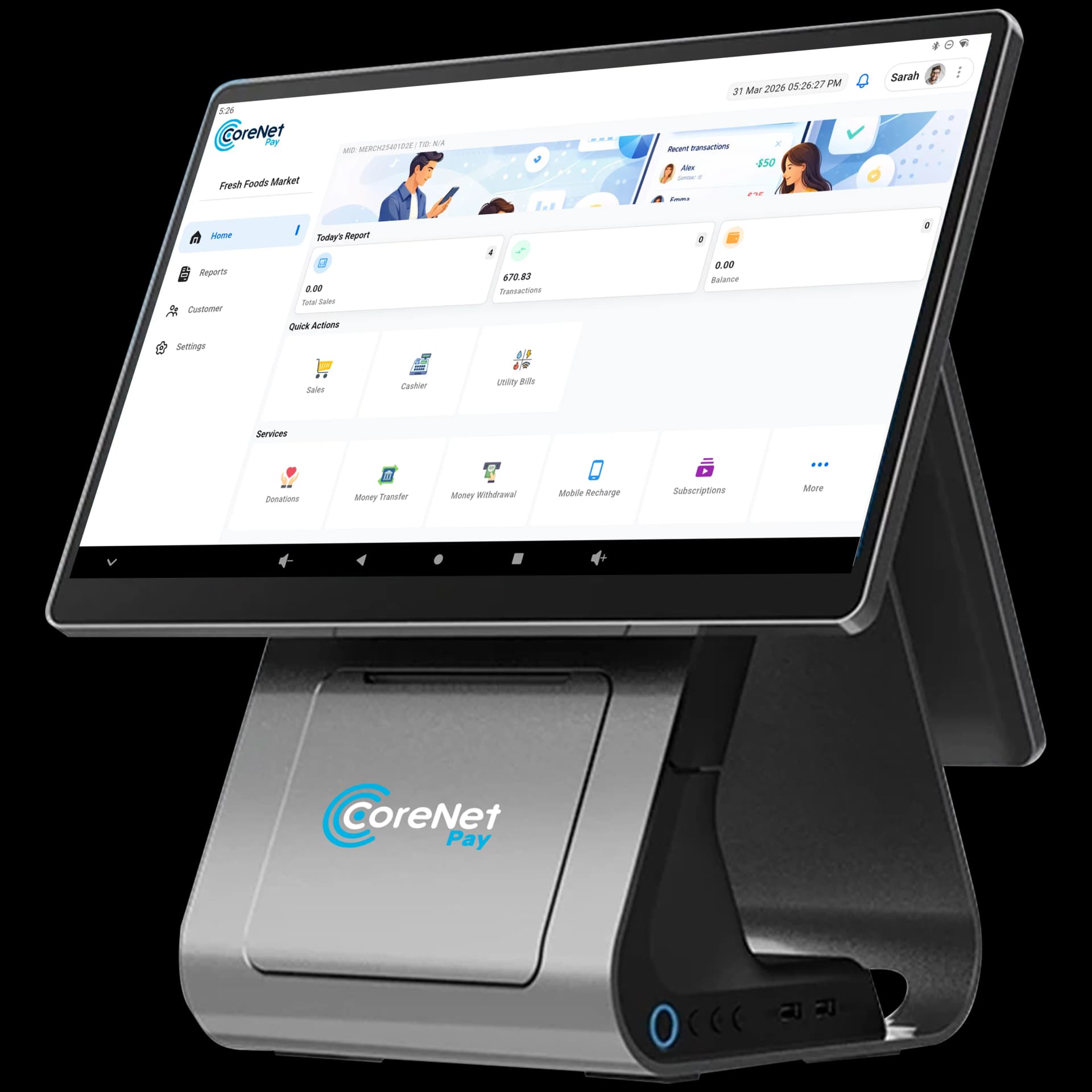 CoreNetPay Desktop POS terminal with sales dashboard